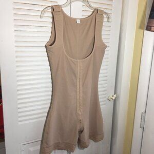 sz l nude open bust mid thigh bodysuit shapewear latch hook front zip bottom